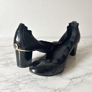 Tory Burch Black Patent Heels with Gold Emblem